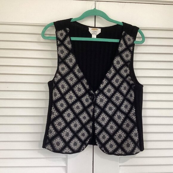 Talbots Jackets & Blazers - Talbots Black Gray Granny Merino Wool Crochet Sweater Vest size L